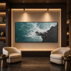 TURQUOISE CRASH: Teal Black Waves Colliding Textured Canvas