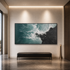 TURQUOISE CRASH: Teal Black Waves Colliding Textured Canvas