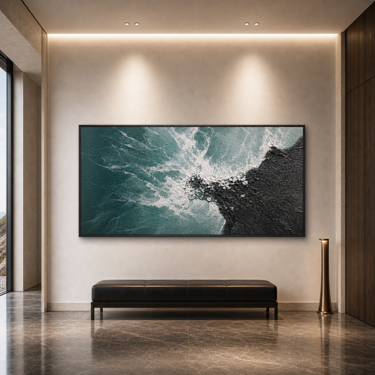 TURQUOISE CRASH: Teal Black Waves Colliding Textured Canvas