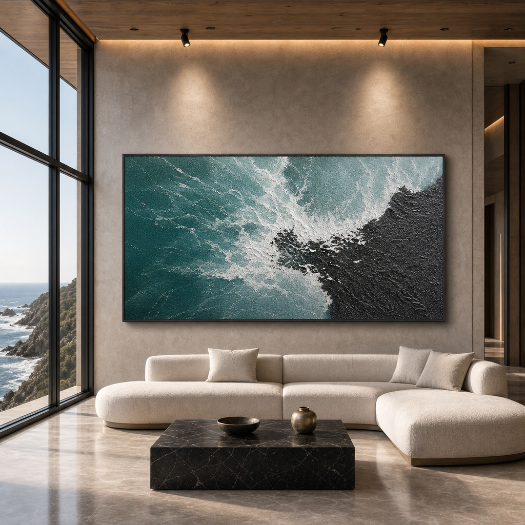 TURQUOISE CRASH: Teal Black Waves Colliding Textured Canvas