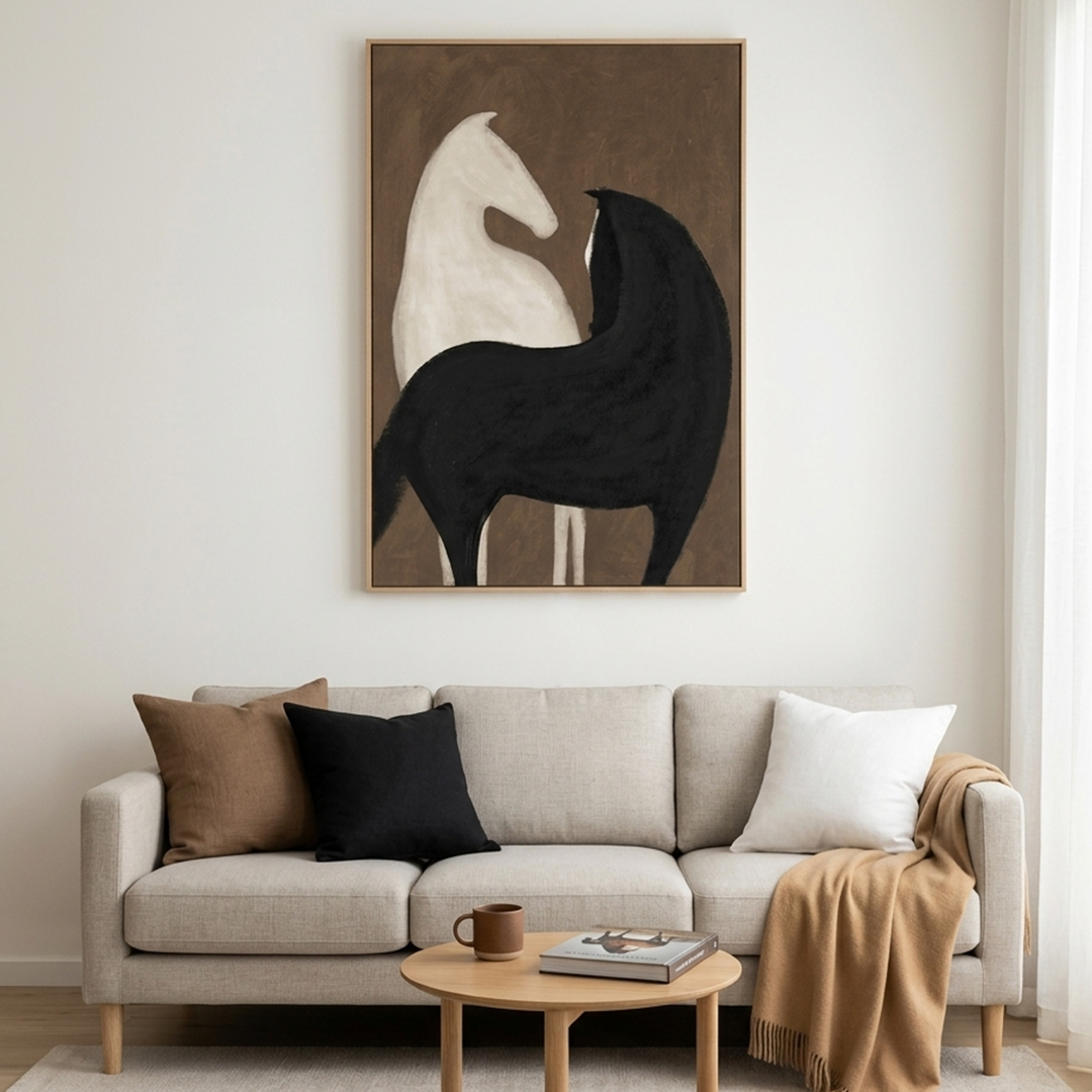 TWO HORSES ON BROWN: Black And White Horses Canvas