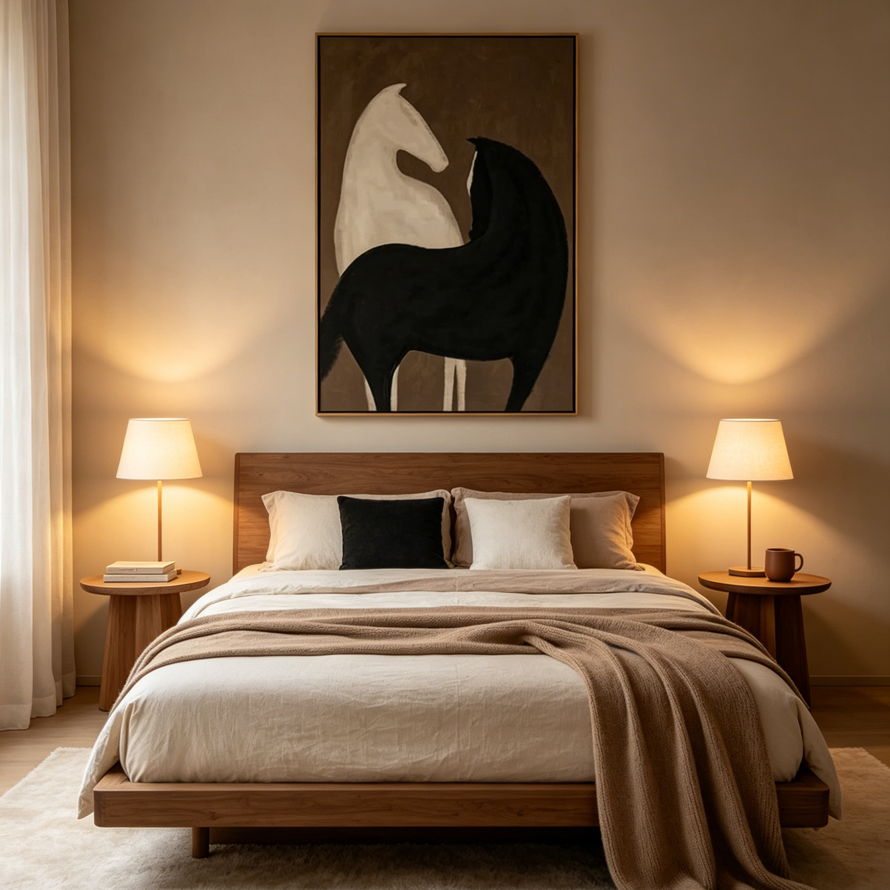 TWO HORSES ON BROWN: Black And White Horses Canvas