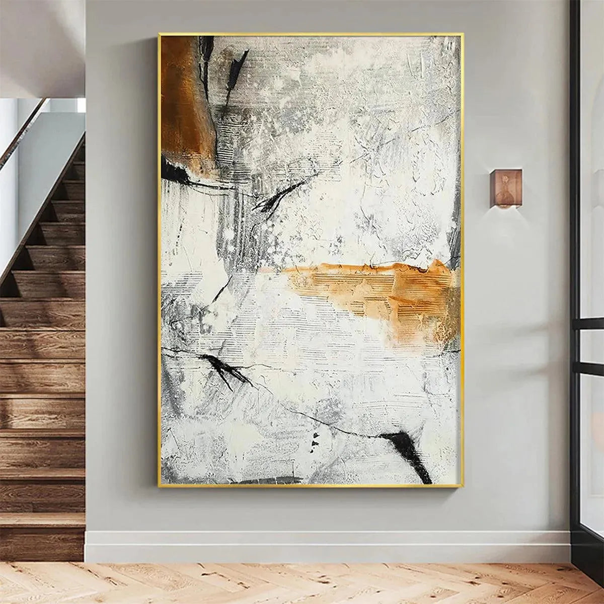 Abstract painting, brown and white textured artwork by Javier Ramirez. Modern vertical art for home and office decor.
