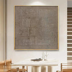 Javier Ramirez Textured Brown Grid painting, minimalist brown grid pattern, gold frame, modern wall art for dining room.