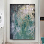 Isabella Rossi's Textured Green Abstract. Impasto painting with layered greens and blacks, vertical wall art.