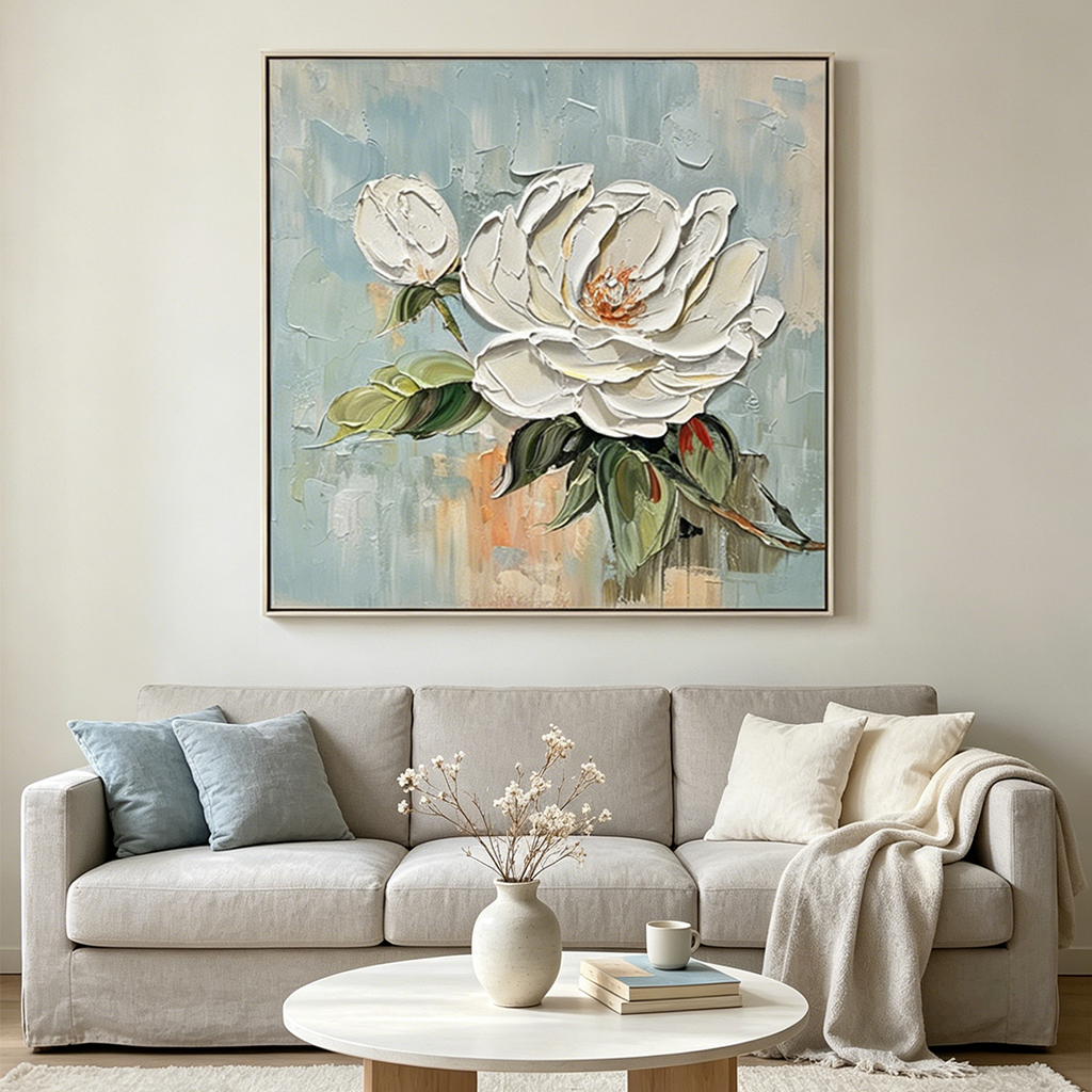 BLOSSOMS GRACE: Textured Impasto  Single White Magnolia Canvas