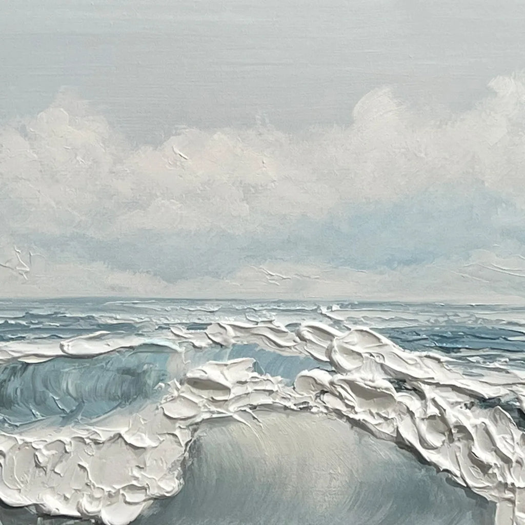 COASTAL SERENITY: Blue White Heavy Impasto Ocean Waves Canvas