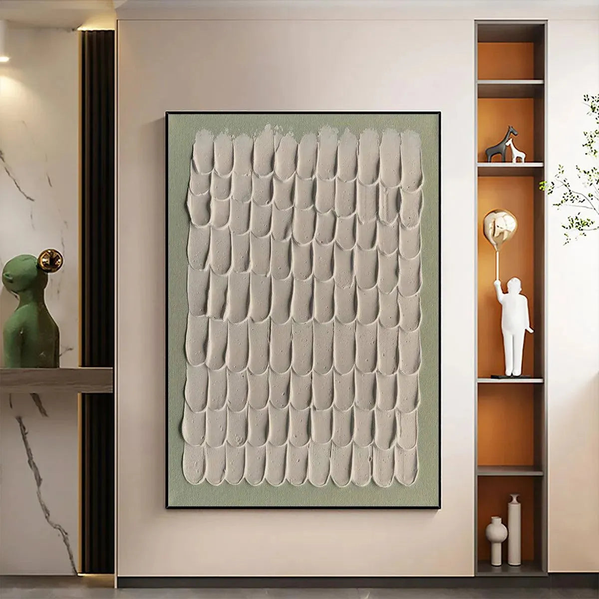 Textured Scales abstract art by Liam O'Connell, neutral tones, scale pattern, Wabi Sabi style, modern decor