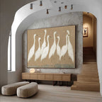 The Gathering: Beige Wabi Sabi Egret Flock Oil Painting on Canvas