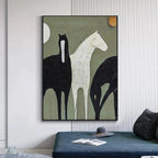 Minimalist vertical painting of three horses, one white and two black, on sage green background.