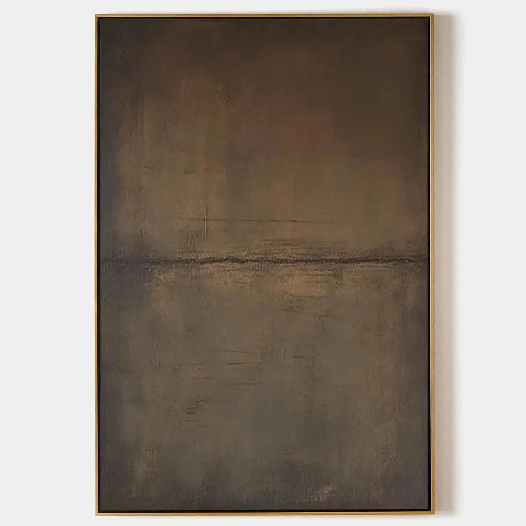 Umber Abstract Landscape painting by Liam O'Connell. Minimalist artwork with earthy tones, vertical canvas in a gold frame.