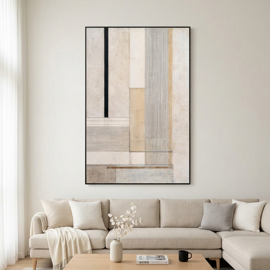 URBAN GRID: Beige White Cream Black Line Textured Architectural Canvas