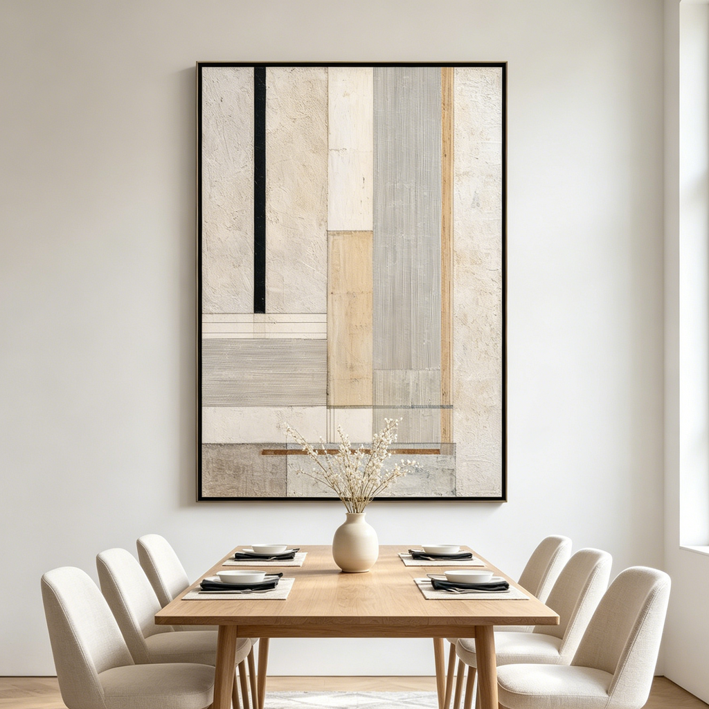 URBAN GRID: Beige White Cream Black Line Textured Architectural Canvas