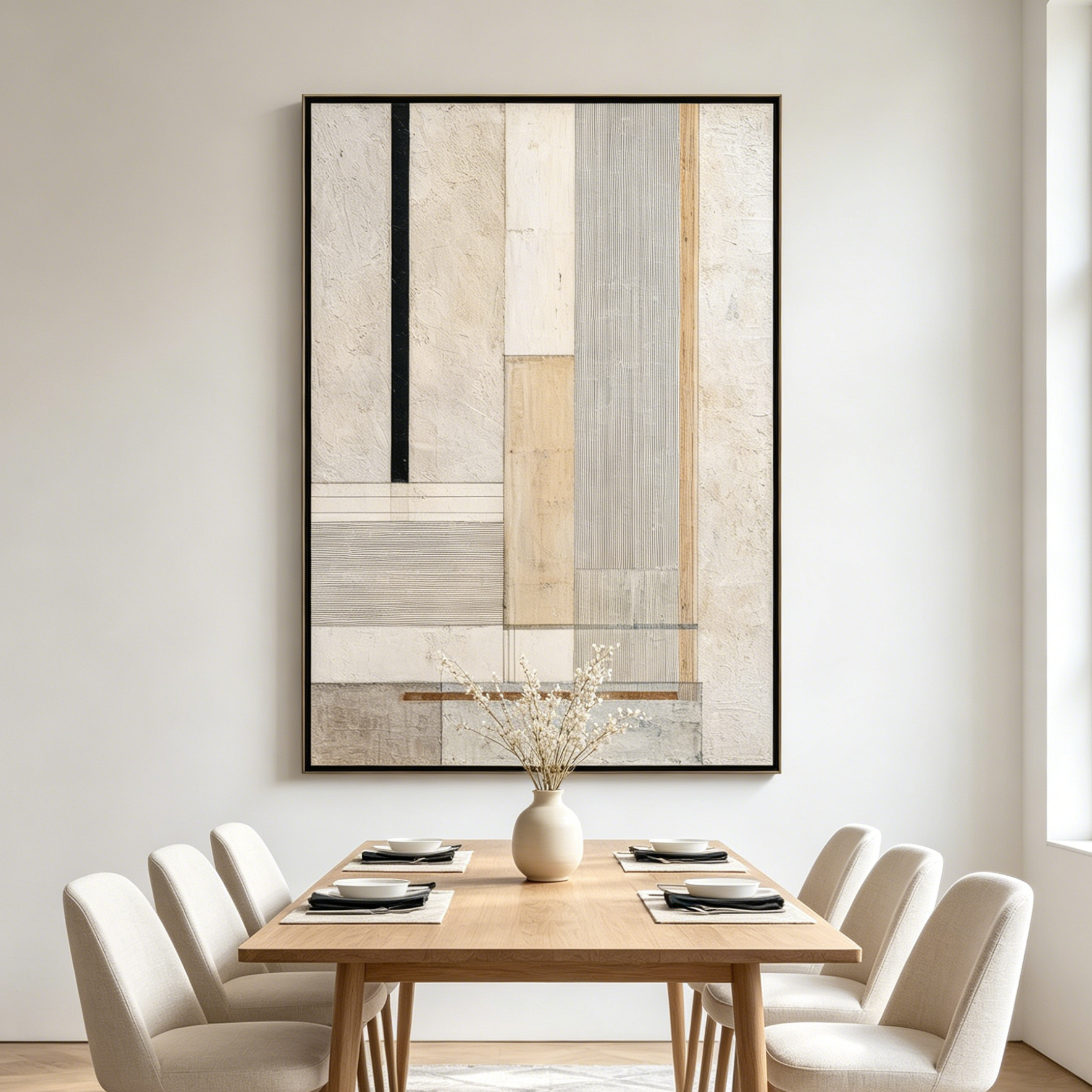 URBAN GRID: Beige White Cream Black Line Textured Architectural Canvas