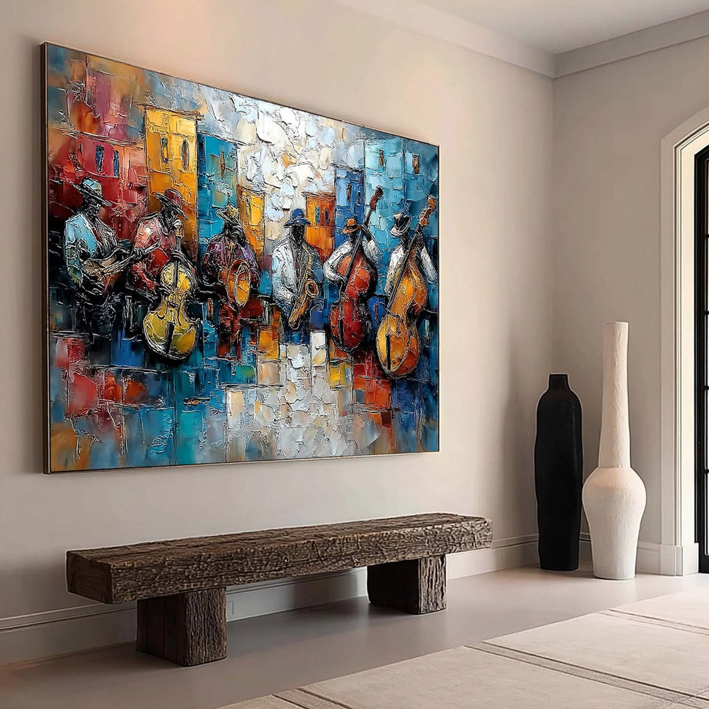 URBAN MELODY: Textured Impasto Painting of a Jazz Band Street Performance