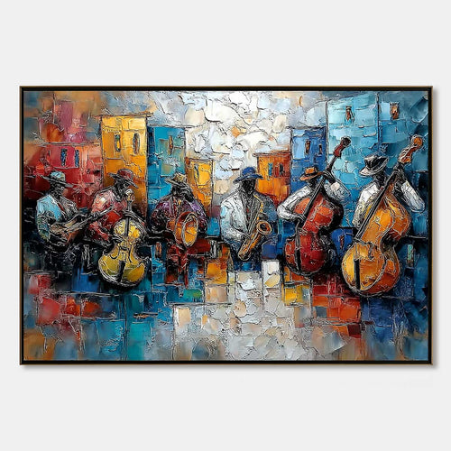 URBAN MELODY: Textured Impasto Painting of a Jazz Band Street Performance