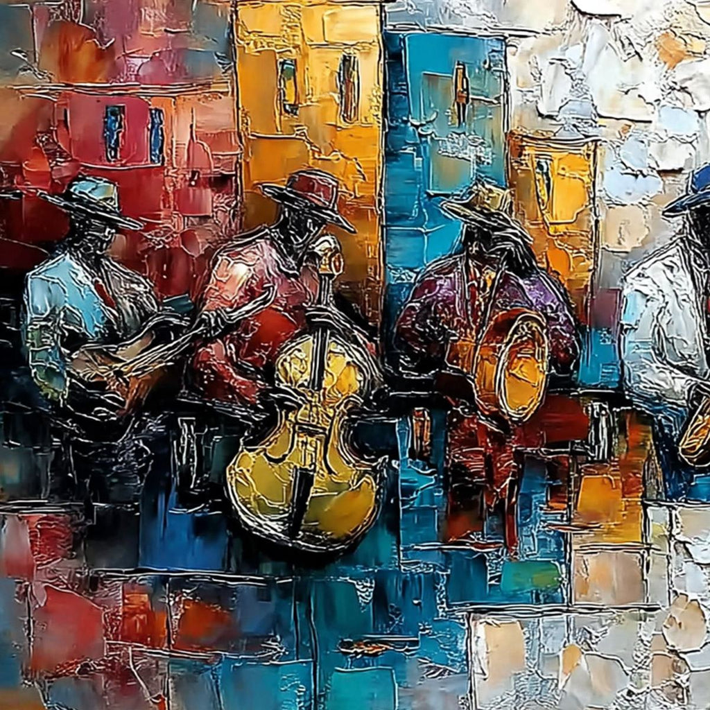 URBAN MELODY: Textured Impasto Painting of a Jazz Band Street Performance