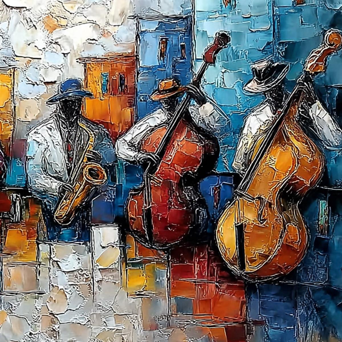 URBAN MELODY: Textured Impasto Painting of a Jazz Band Street Performance