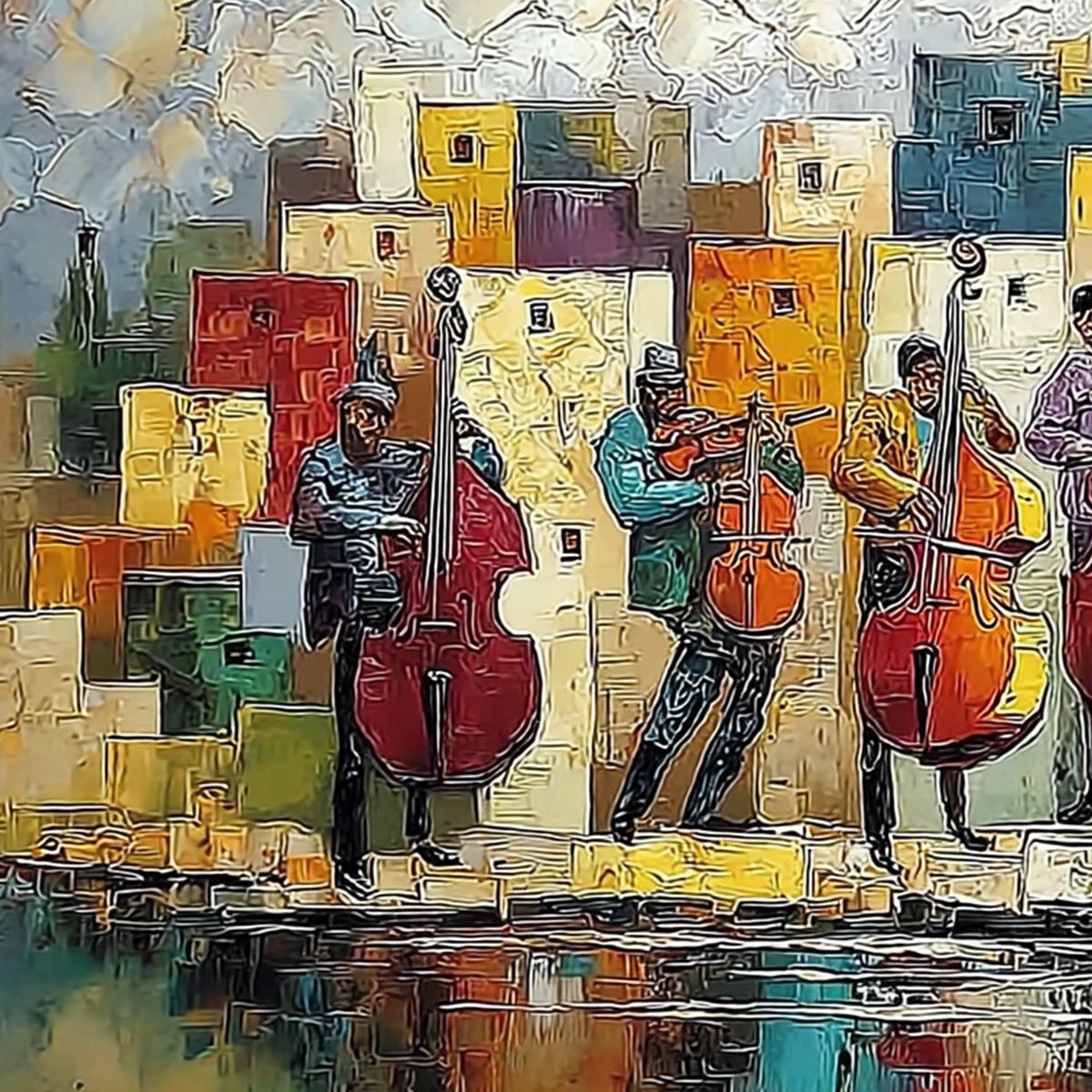 URBAN SERENADE: Colorful Textured Impasto Painting of Musicians