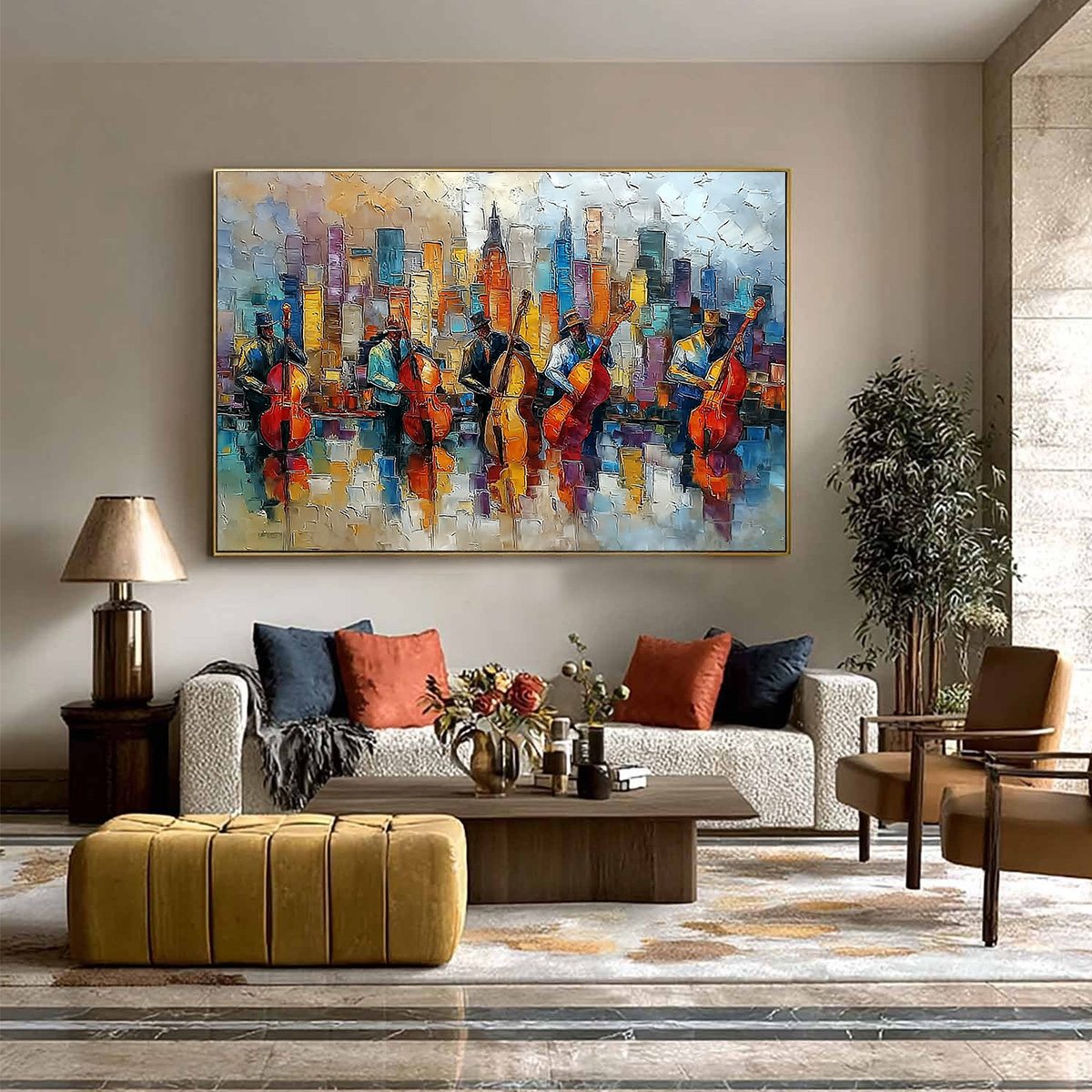 URBAN SERENADE: Textured Palette Knife Cityscape Jazz Painting