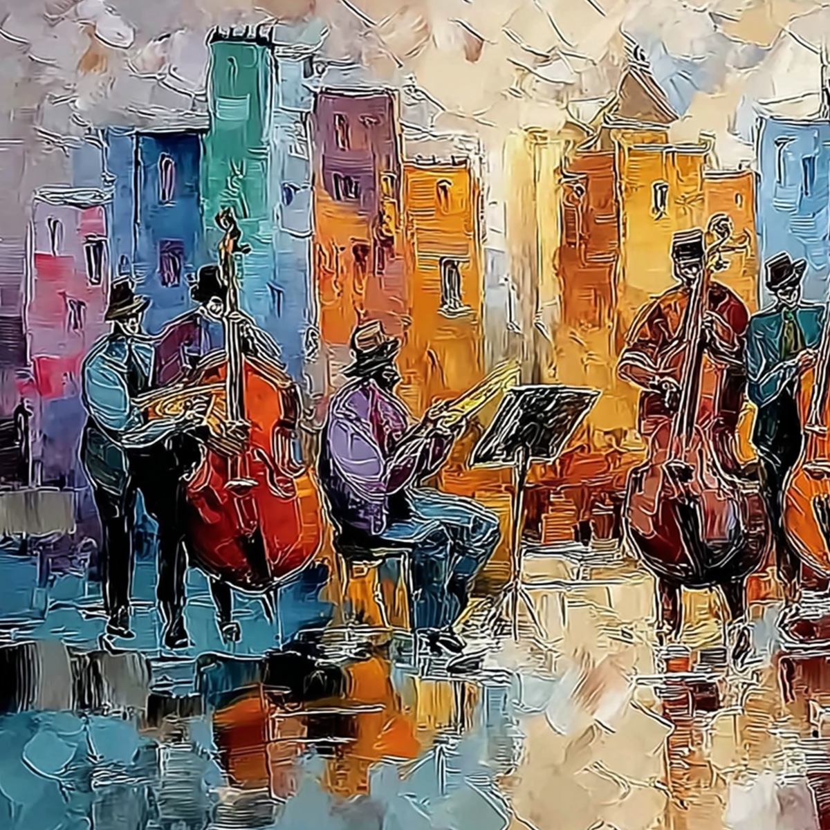 URBAN SERENADE: Textured Palette Knife Painting of City Musicians