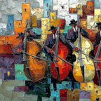 URBAN SERENADE: Vibrant Palette Knife Painting of Musicians in Cityscape