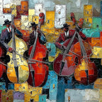 URBAN SERENADE: Vibrant Palette Knife Painting of Musicians in Cityscape