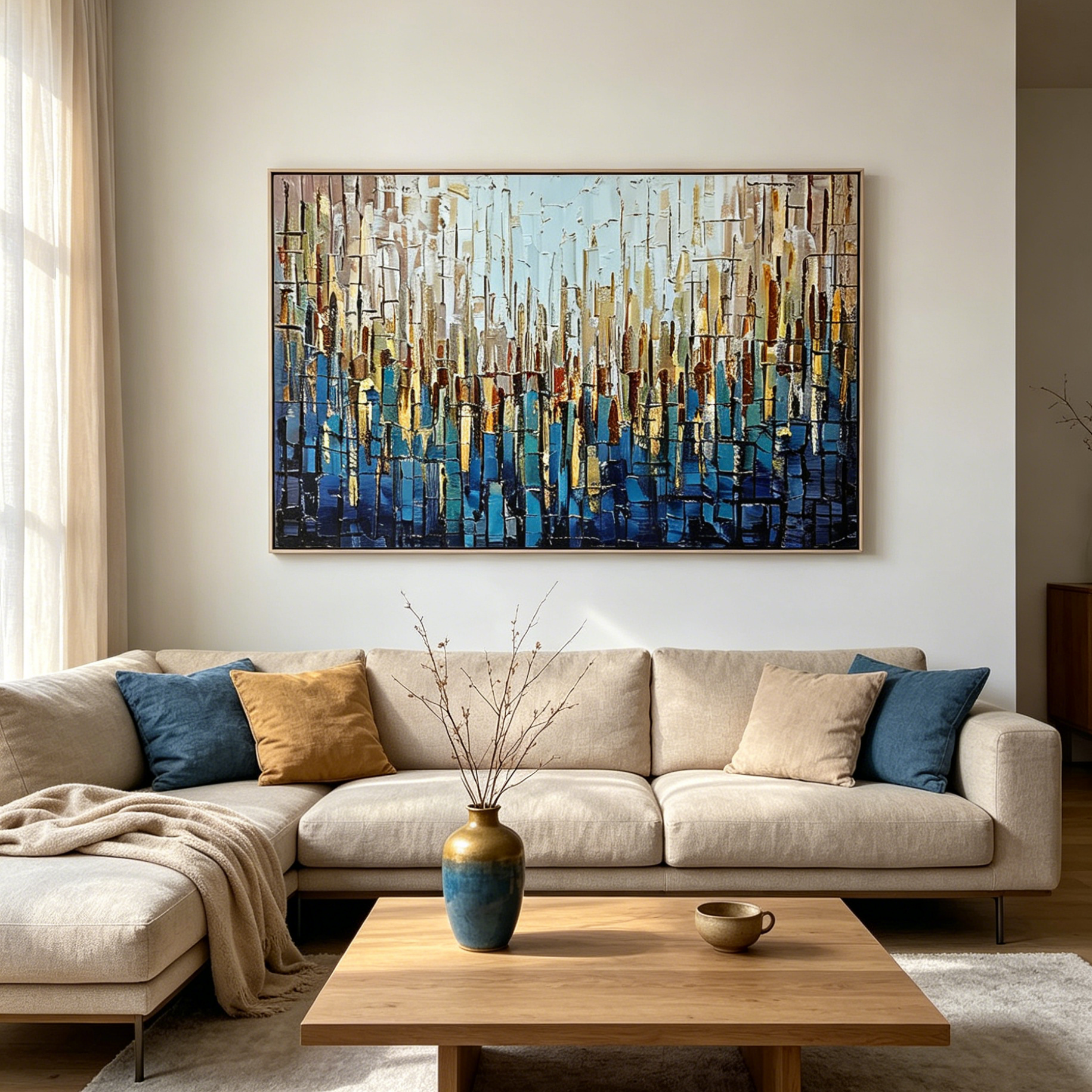 URBAN TWILIGHT: Impasto Awakening City Skyline Mirrored Waters Canvas