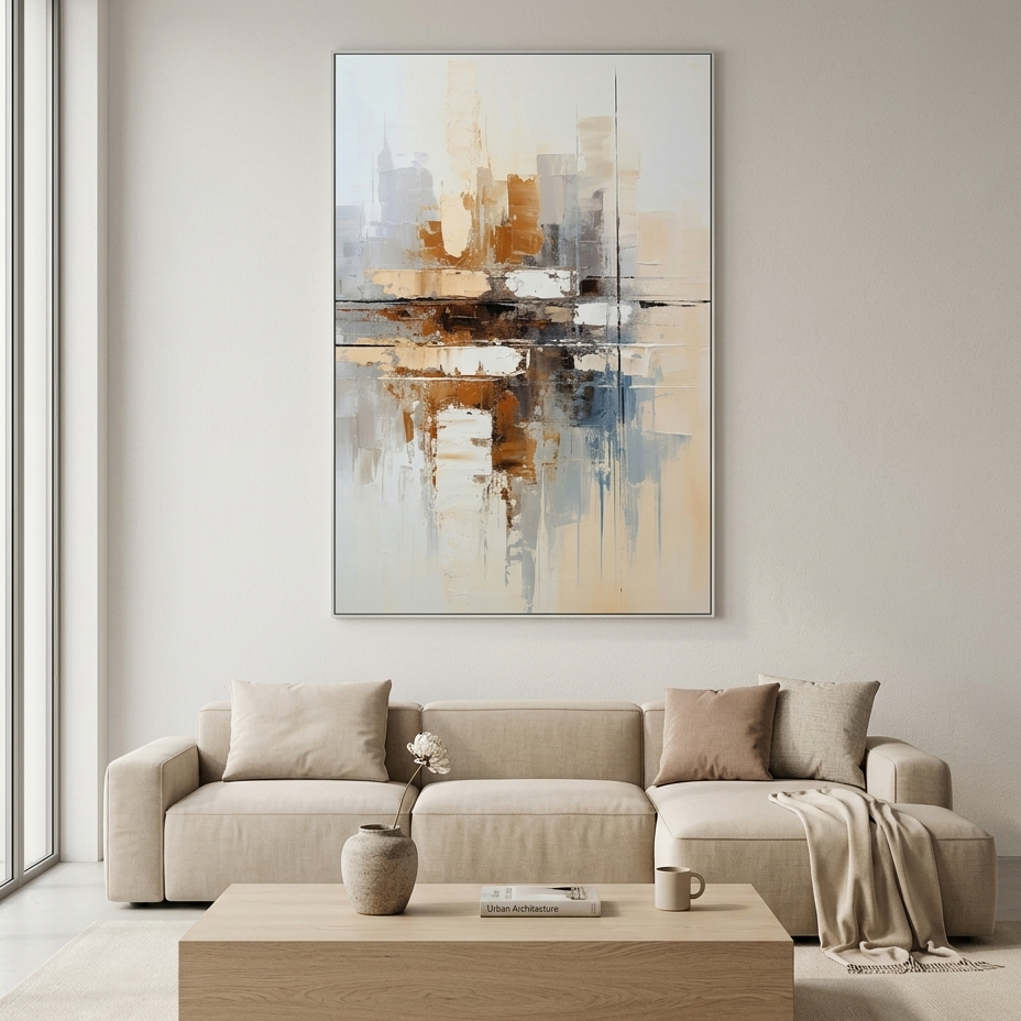 URBAN ABSTRACT: Textured Vertical Minimalist Cityscape Oil Painting