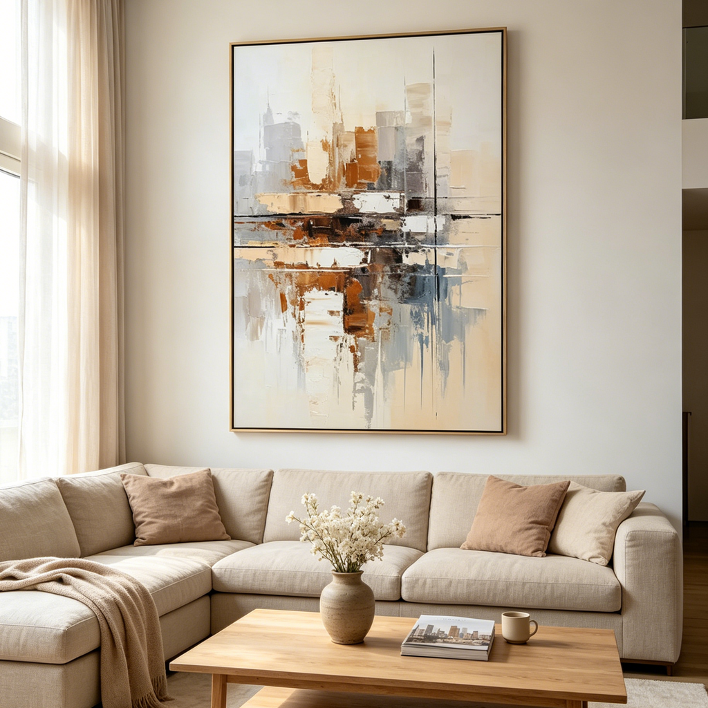 URBAN ABSTRACT: Textured Vertical Minimalist Cityscape Oil Painting