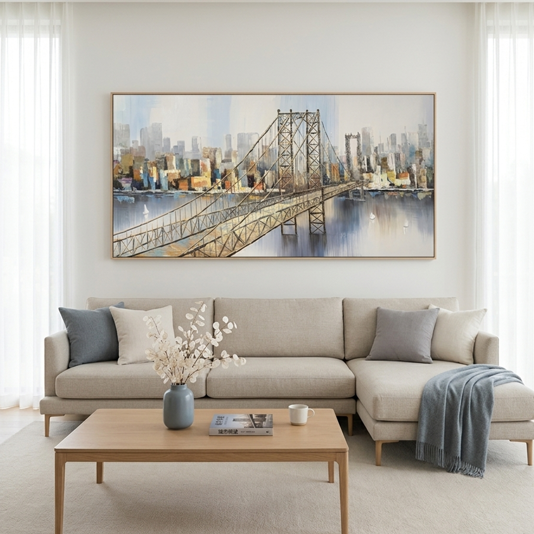 URBAN CONNECTIVITY: Cityscape With Bridge Soft Muted Colors Panoramic Wall Art