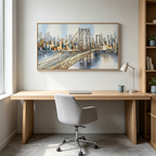 URBAN CONNECTIVITY: Cityscape With Bridge Soft Muted Colors Panoramic Wall Art