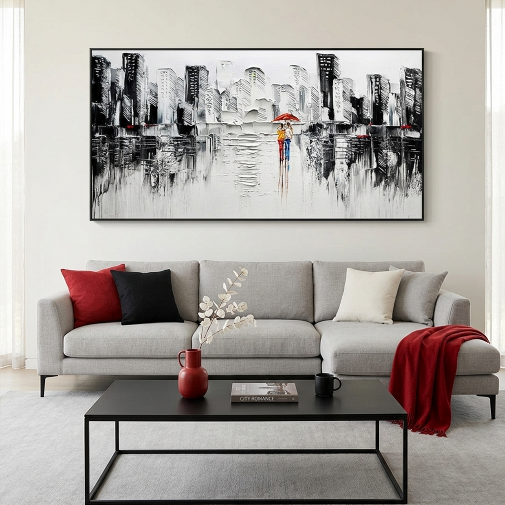 URBAN ROMANCE: Impasto Black White Cityscape With Red Accent Canvas