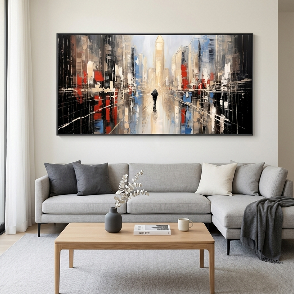 URBAN SOLITUDE: Solitary Figure Rain Slicked City Street Horizontal Canvas