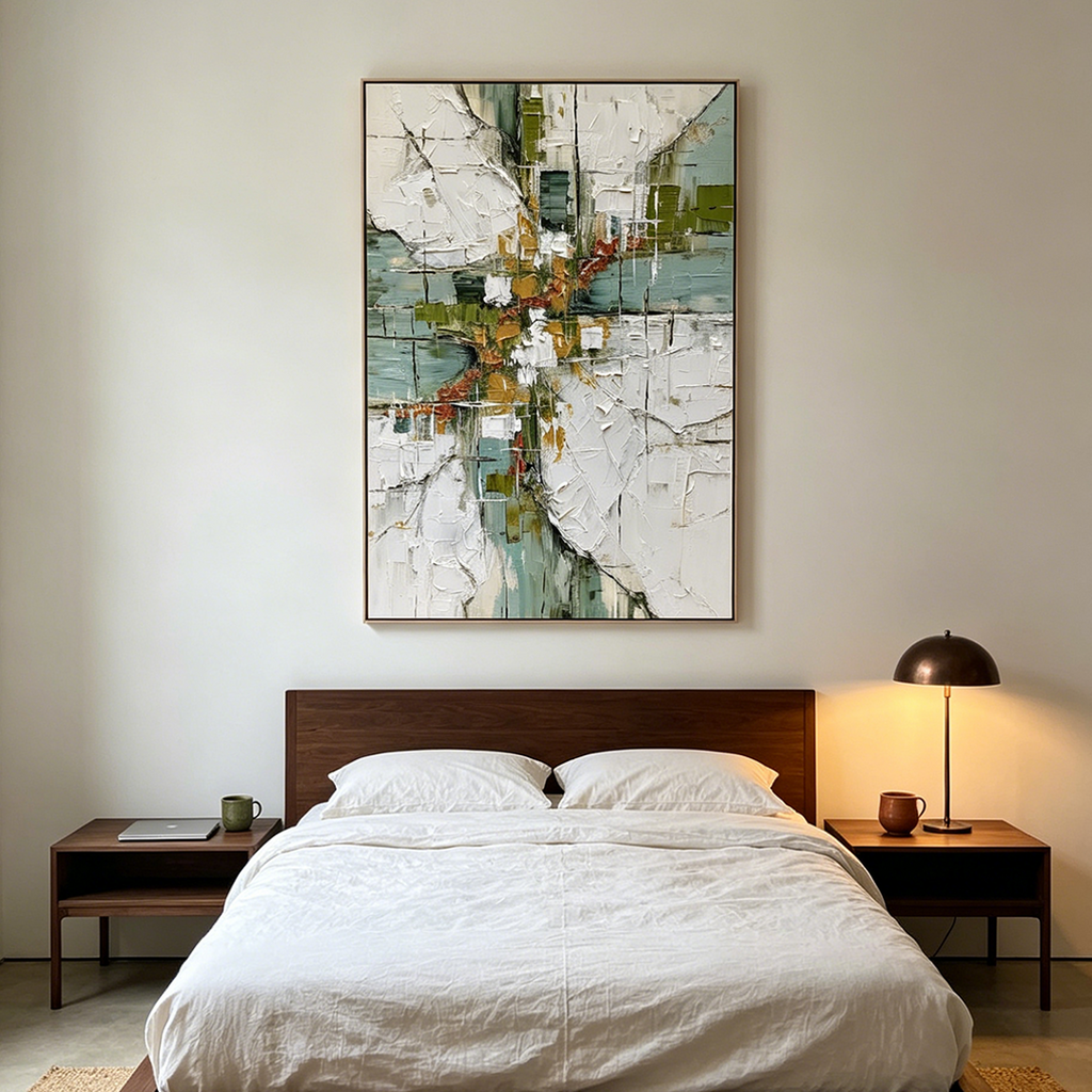 VERDANT ECHO: Wabi Sabi Sculptural White Crack Reveals Moss Green Ochre Canvas