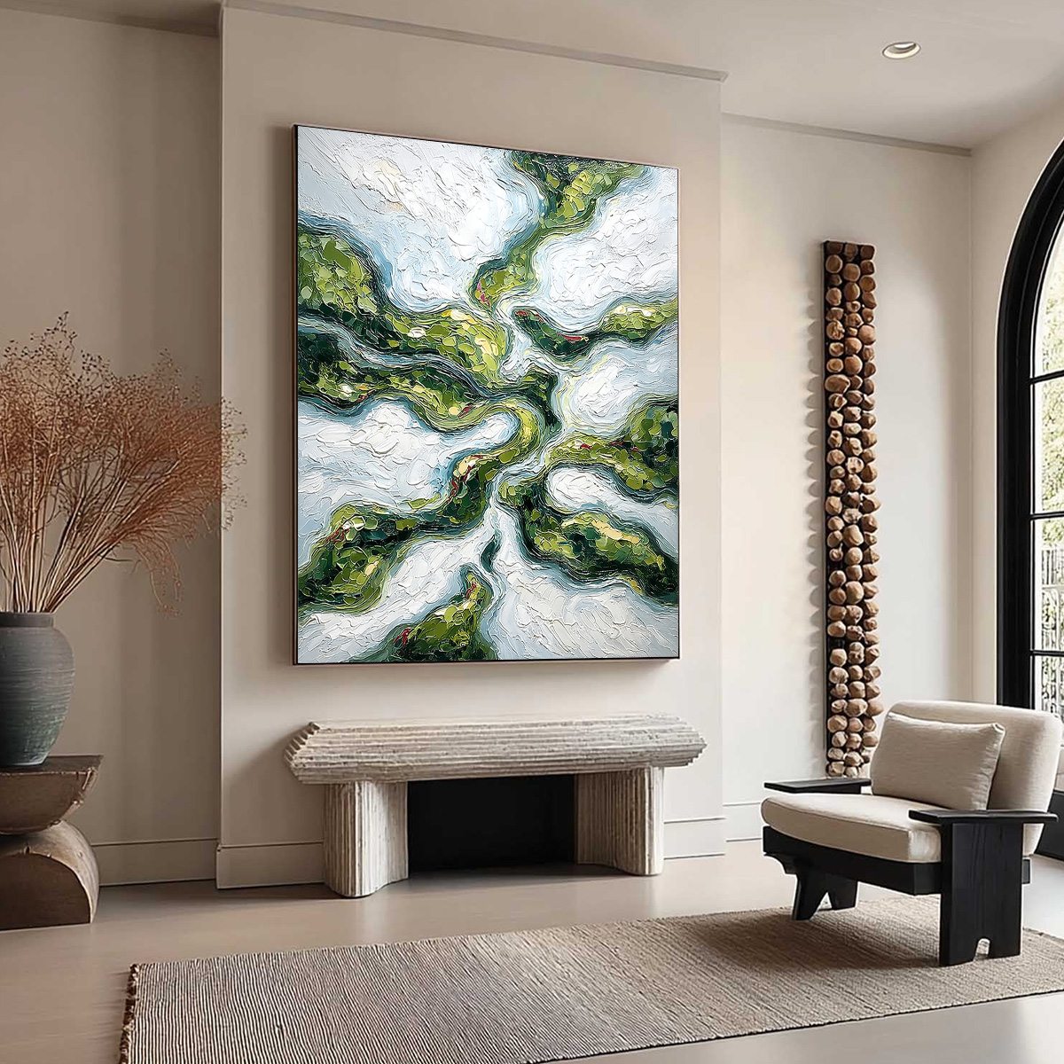 VERDANT FLOW: Abstract Green Impasto Landscape Oil Painting