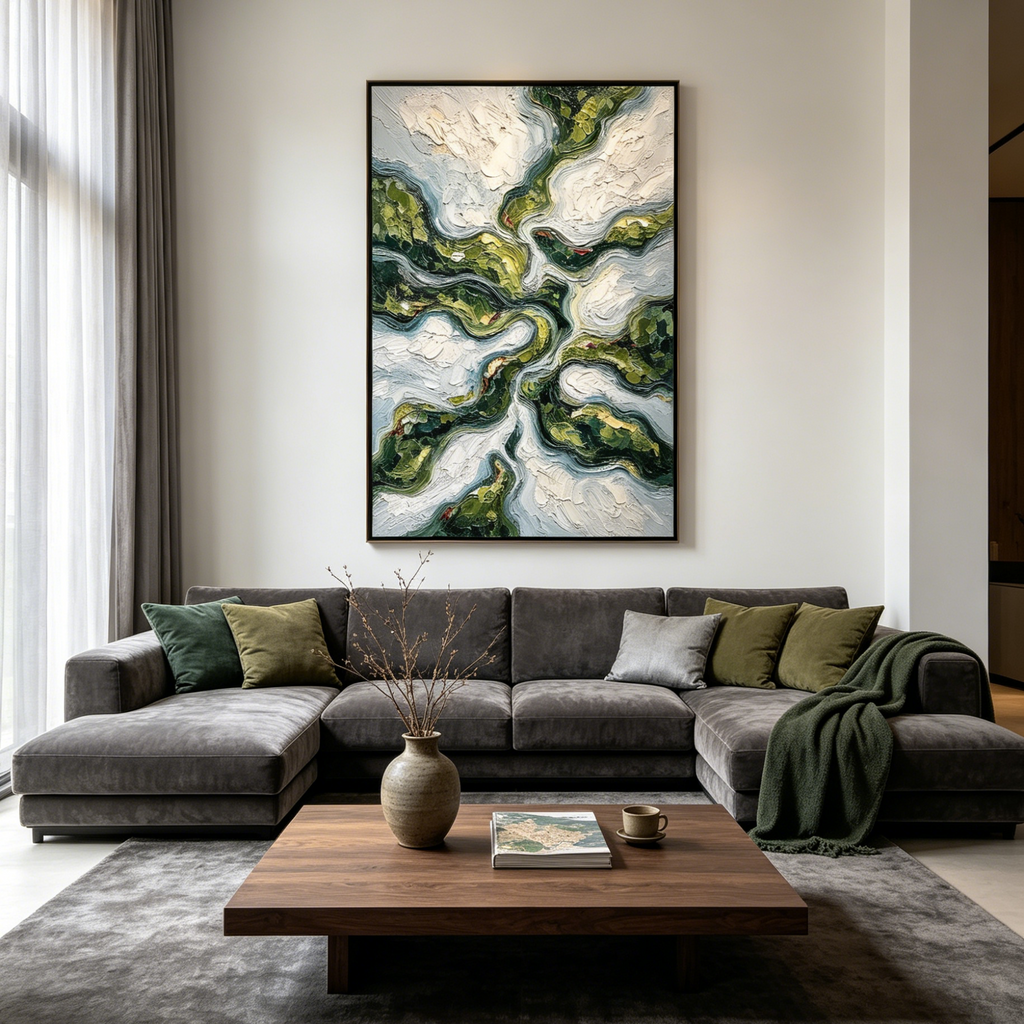 VERDANT FLOW: Impasto Winding Rivers Lush Green Earth Canvas