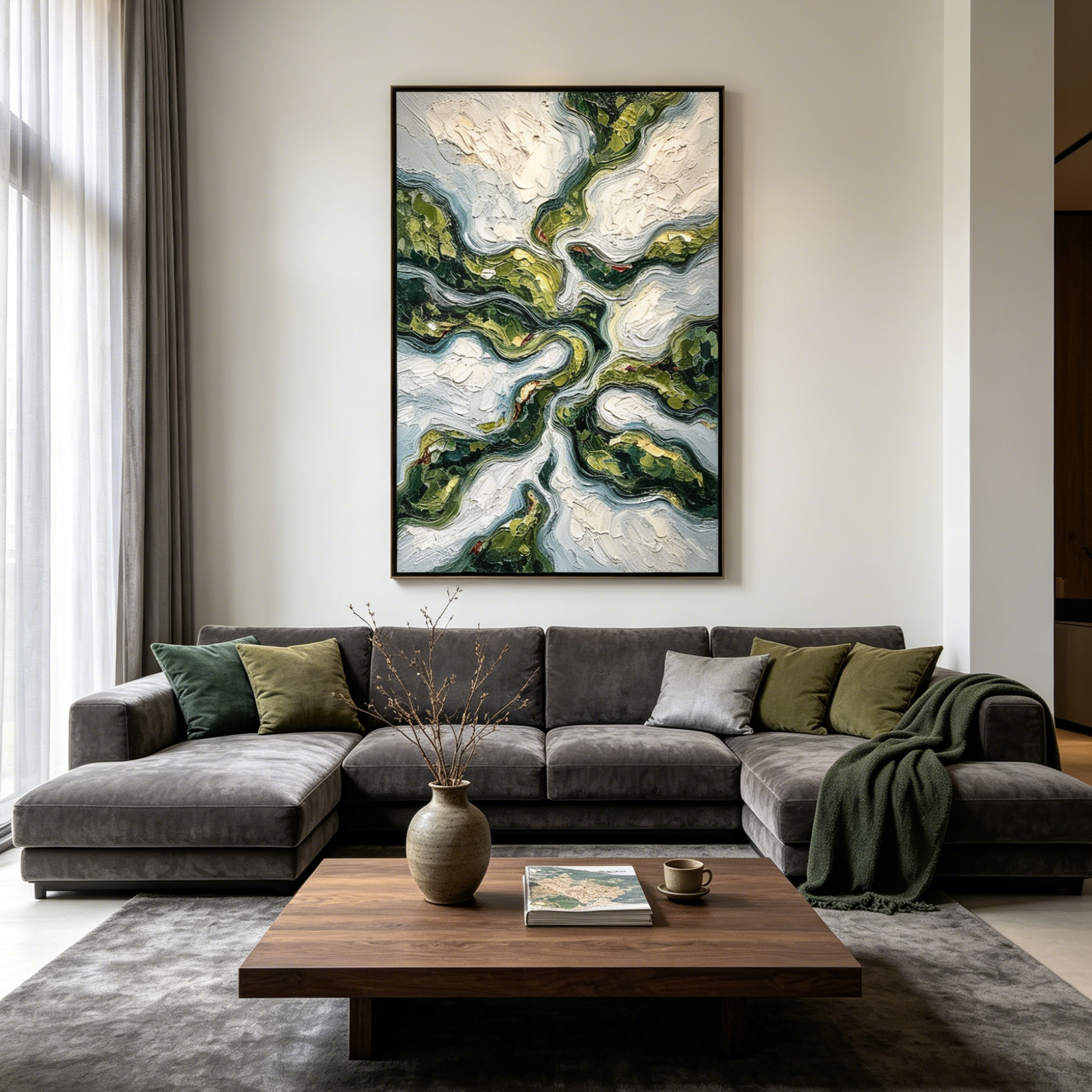 VERDANT FLOW: Impasto Winding Rivers Lush Green Earth Canvas