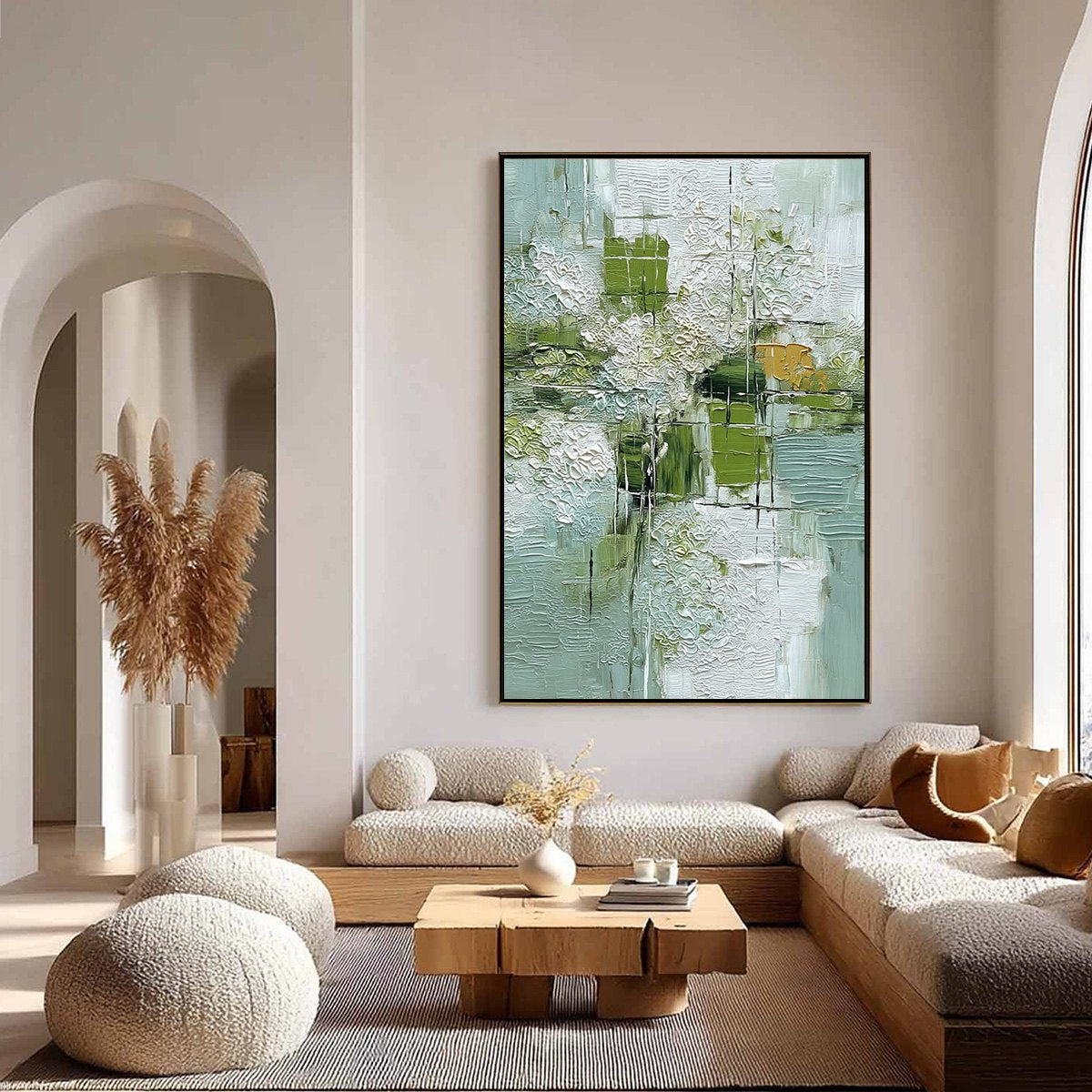 VERDANT GRID: Textured Green and White Wabi Sabi Abstract Painting