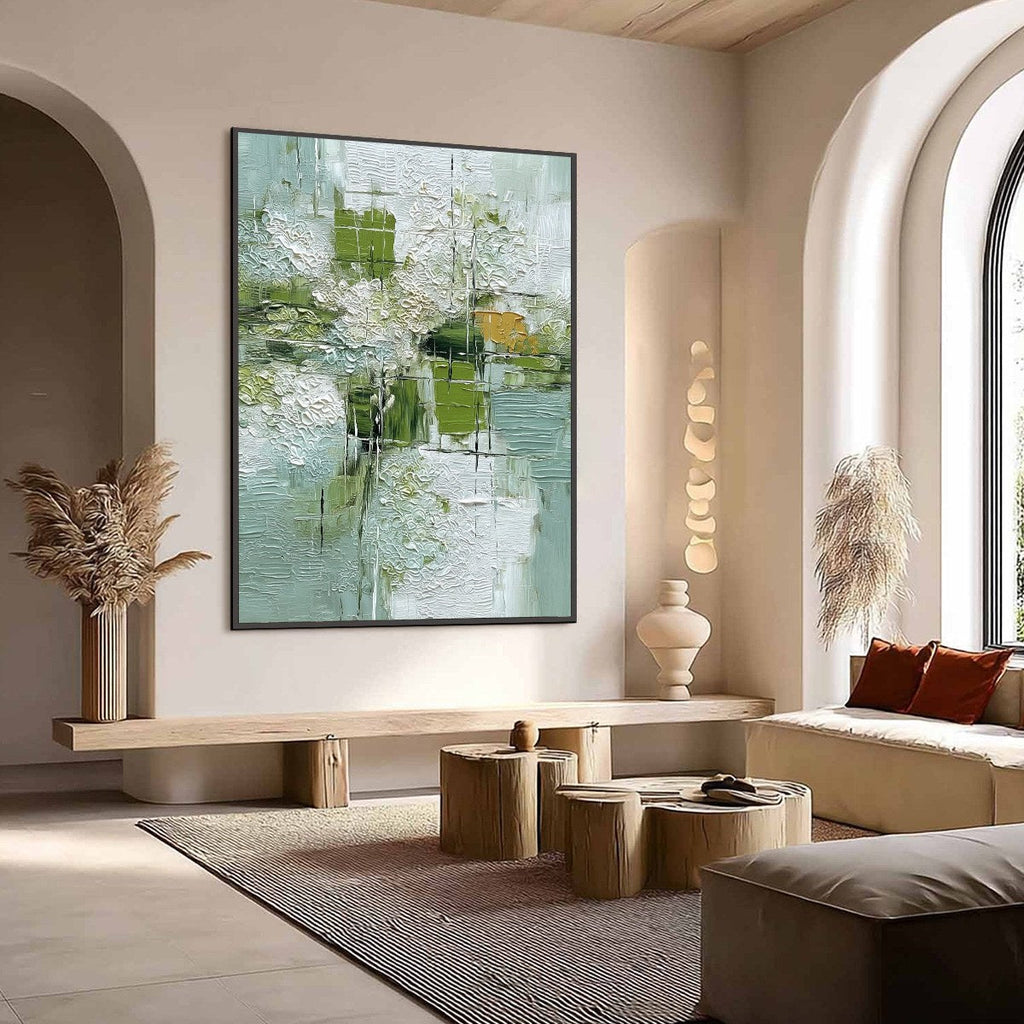 VERDANT GRID: Textured Green and White Wabi Sabi Abstract Painting