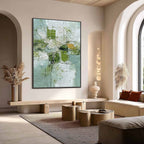 VERDANT GRID: Textured Green and White Wabi Sabi Abstract Painting