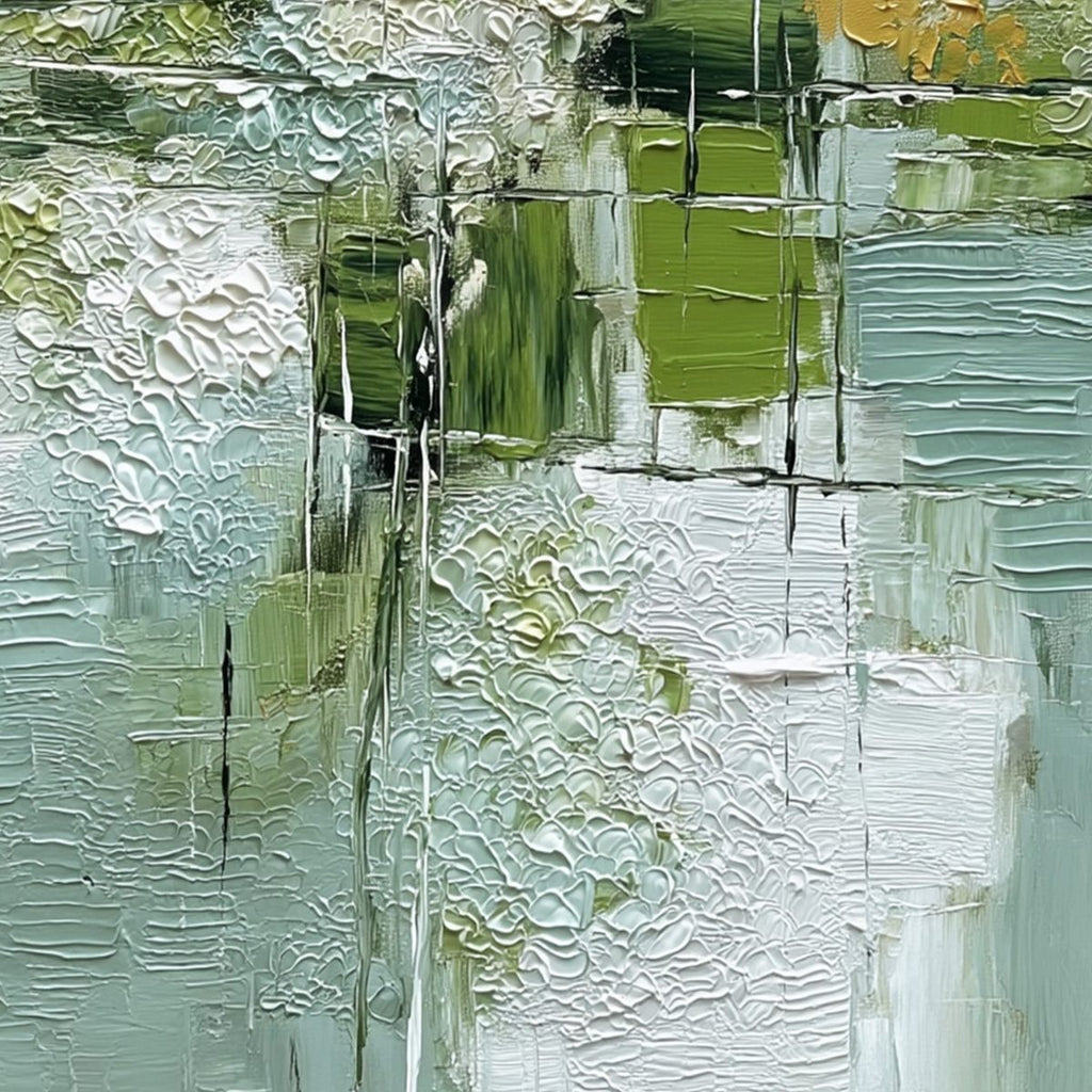 VERDANT GRID: Textured Green and White Wabi Sabi Abstract Painting