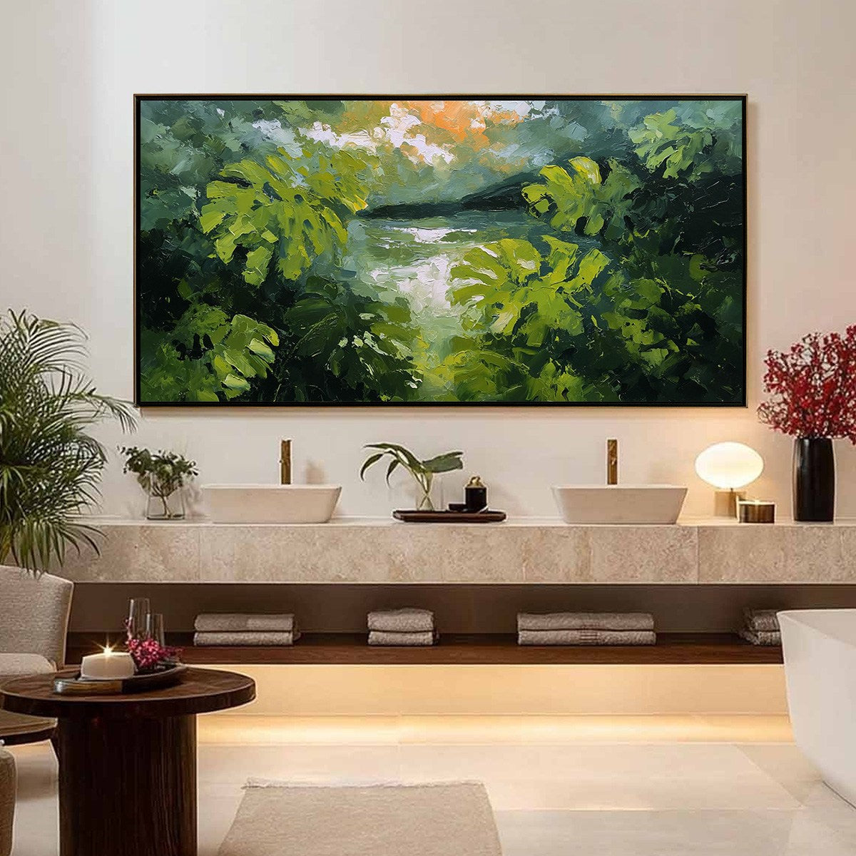 VERDANT HIDEAWAY: Textured Impasto Painting of a Forest Lake