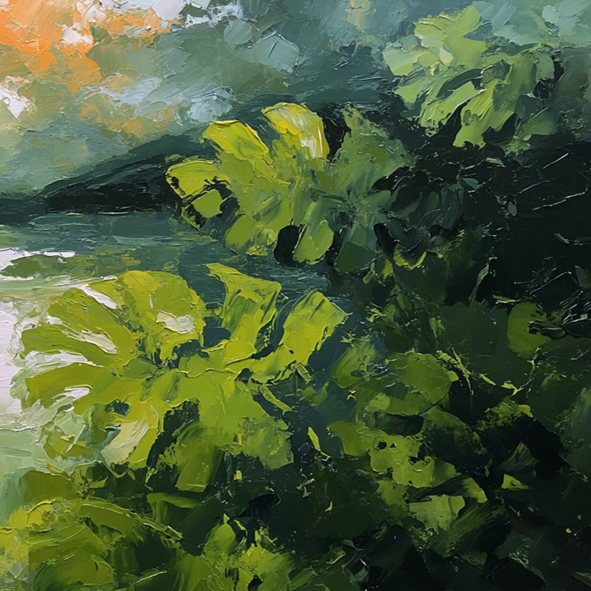VERDANT HIDEAWAY: Textured Impasto Painting of a Forest Lake