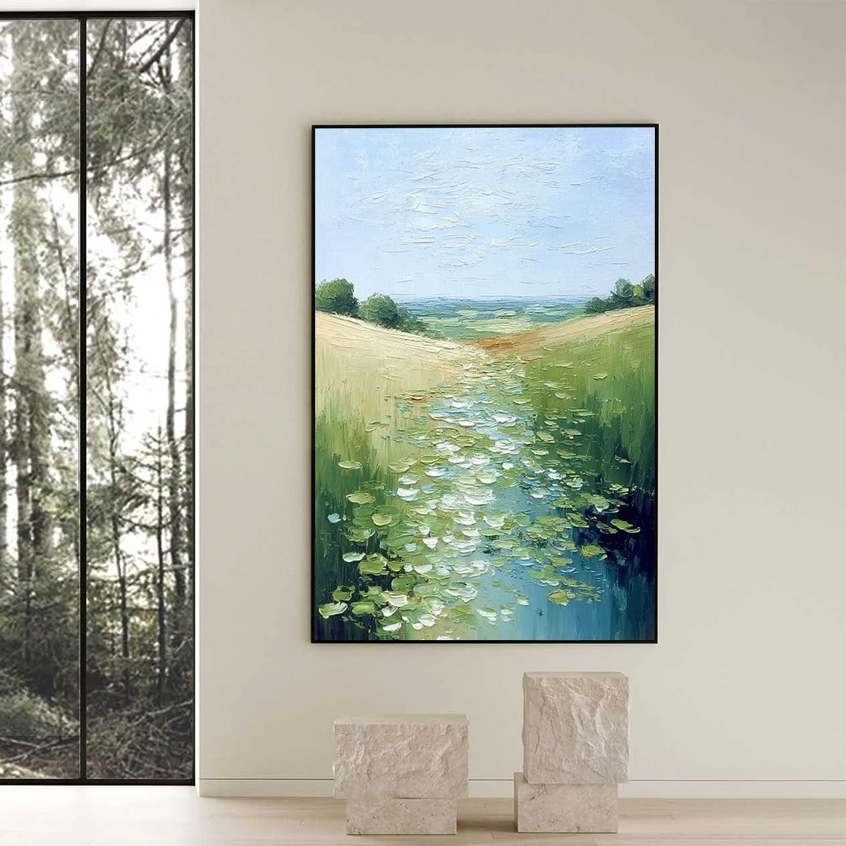 VERDANT PATH: Textured Impasto Landscape Painting of a Lilypad Stream