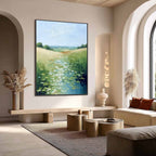 VERDANT PATH: Textured Impasto Landscape Painting of a Lilypad Stream