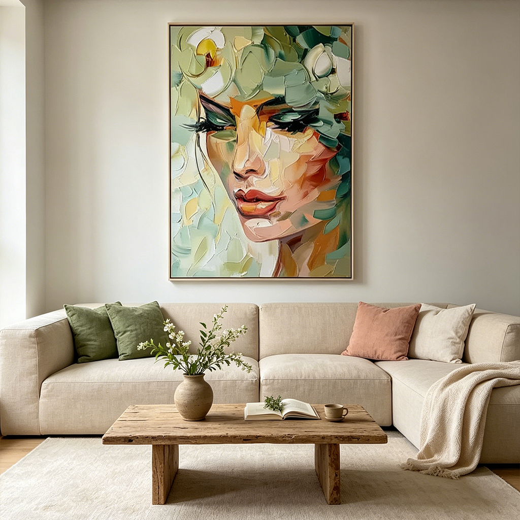 VERDANT REVERIE: Impasto Face Crowned Cascading Leaf Forms Canvas
