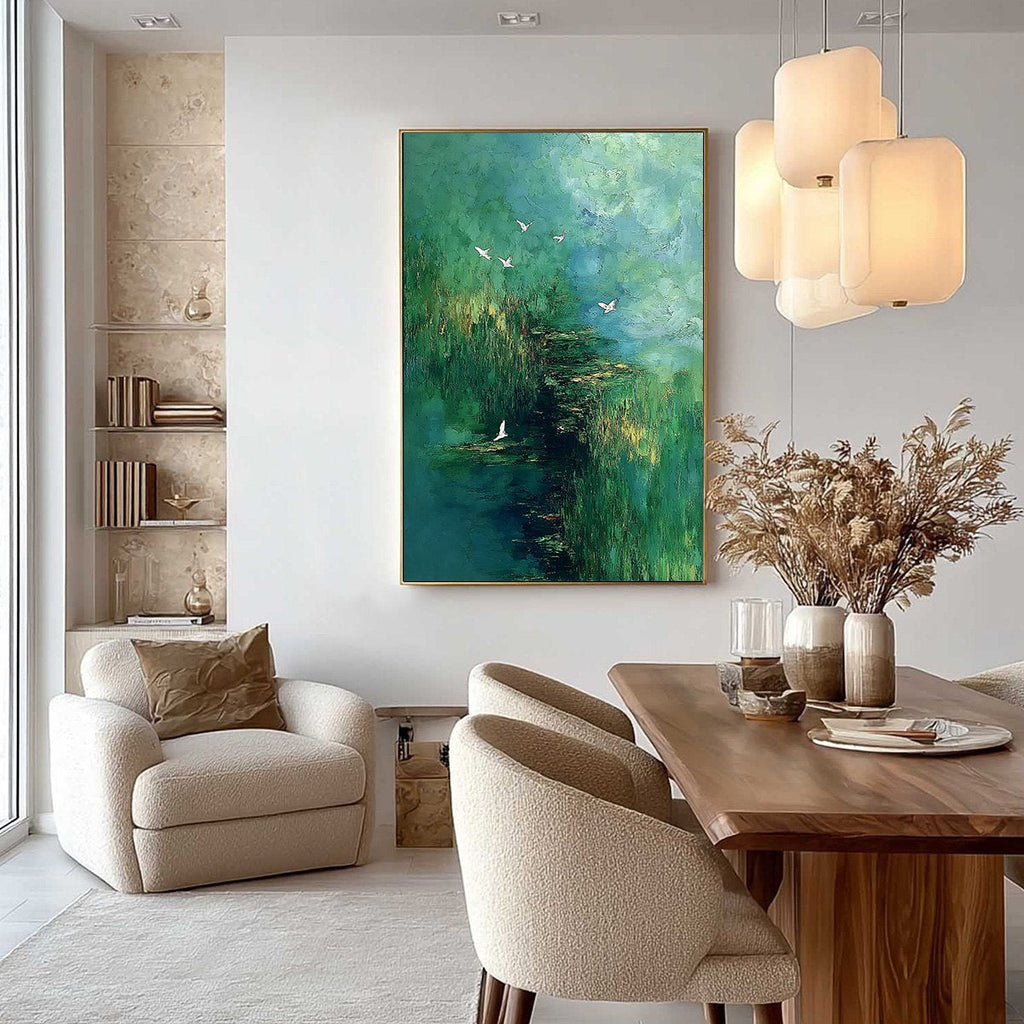 VERDANT SANCTUARY: Abstract Green Forest Landscape with Flying Birds