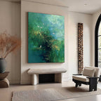 VERDANT SANCTUARY: Abstract Green Forest Landscape with Flying Birds