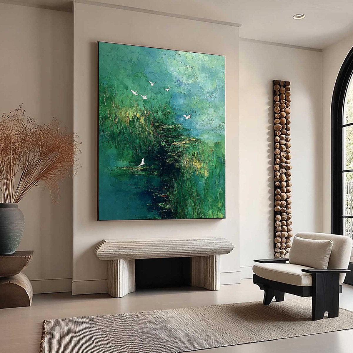 VERDANT SANCTUARY: Abstract Green Forest Landscape with Flying Birds